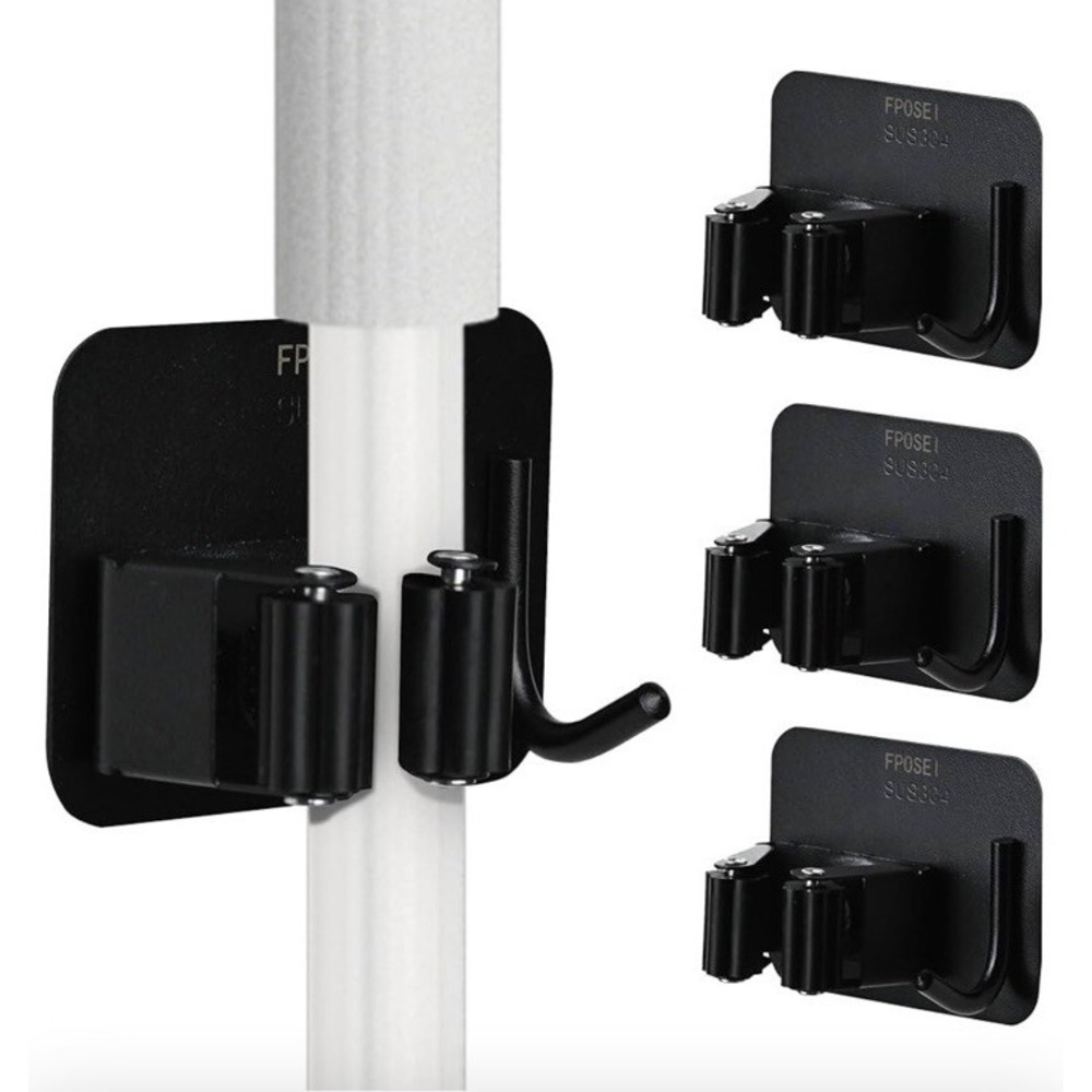FPOSEI Broom Mop Holder 4 Pack Black Stainless Steel Wall Mount Adhesive Hook